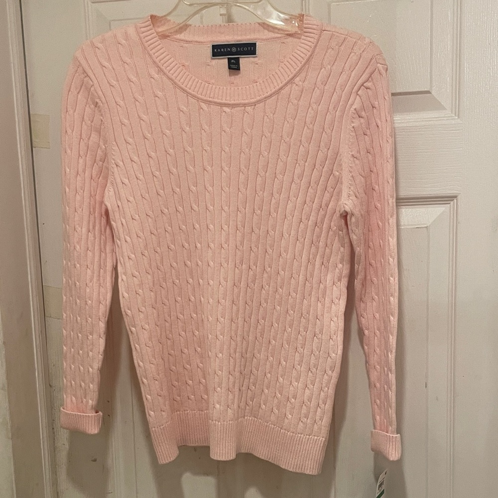 NWT size PL KAREN SCOTT LIGHT PINK CABLE KNIT SWEATER